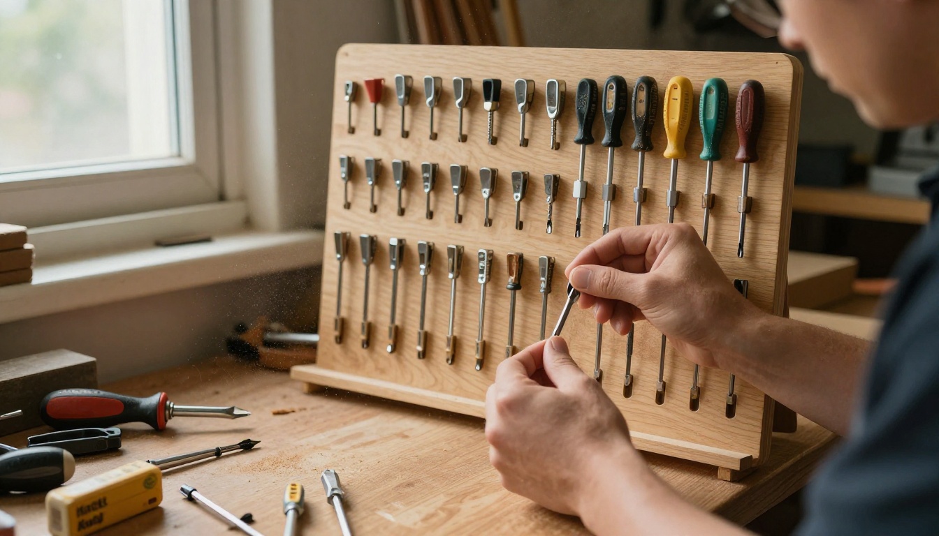Hands selecting a small screwdriver from a neatly organized pegboard of hand tools in a sunlit workshop
