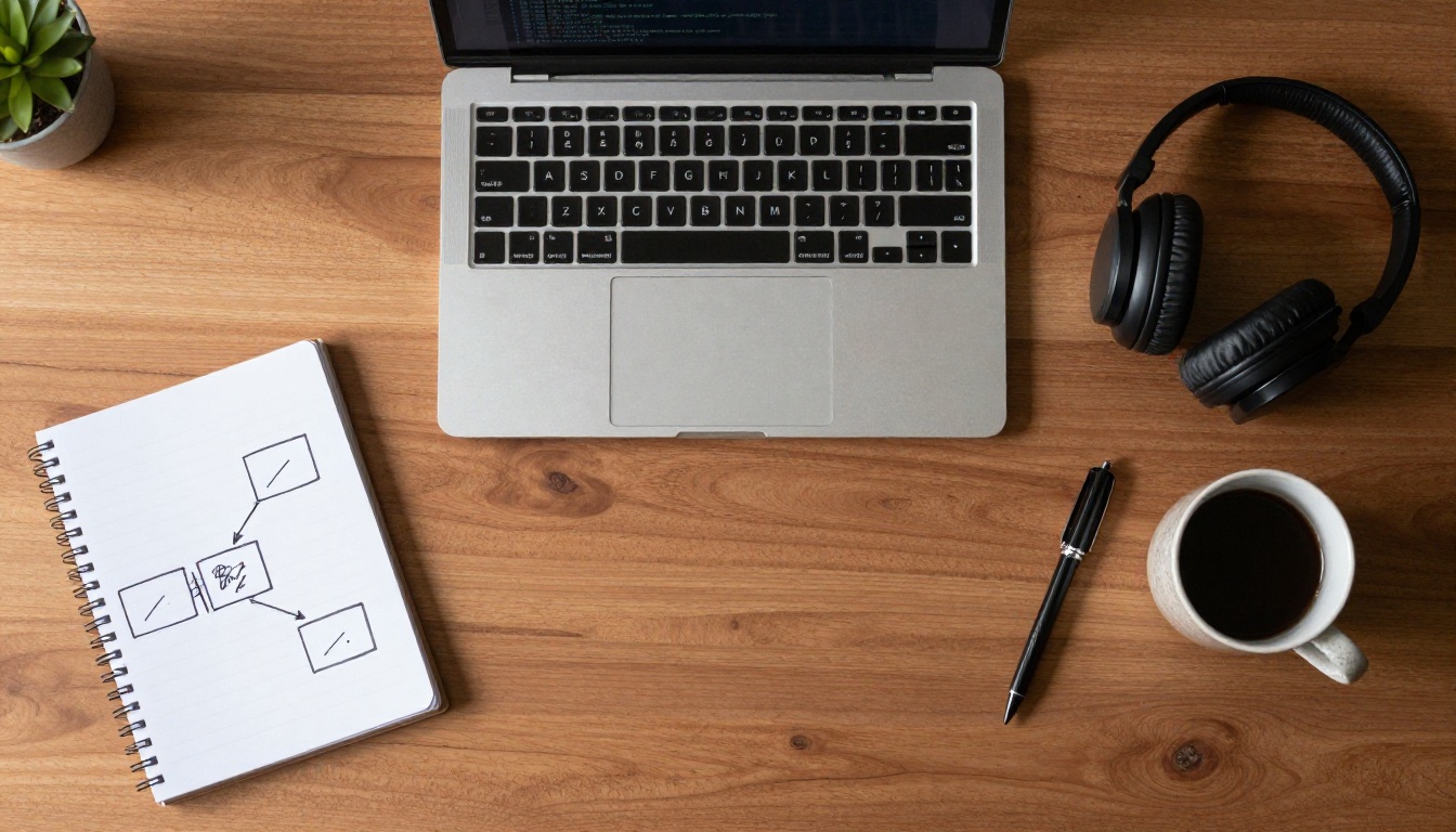 Overhead view of a walnut desk with a laptop, notebook diagram, and coffee