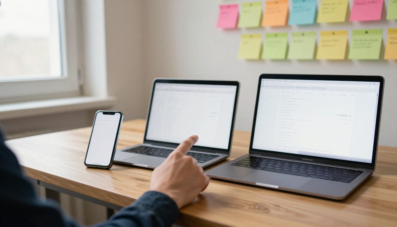 QA engineer testing one web page on a phone, tablet, and laptop