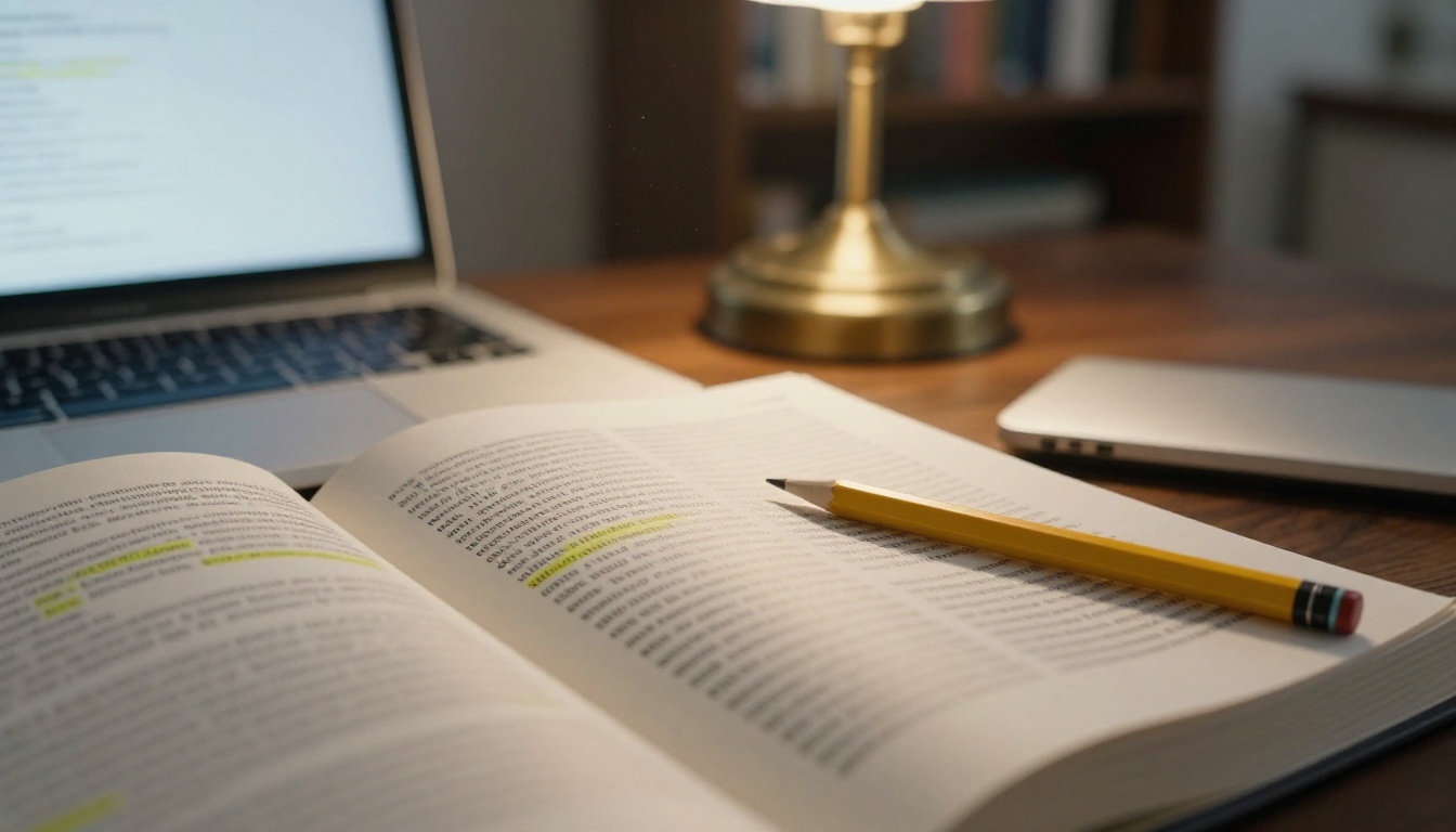 Open reference book with highlighted text beside a laptop under a reading lamp