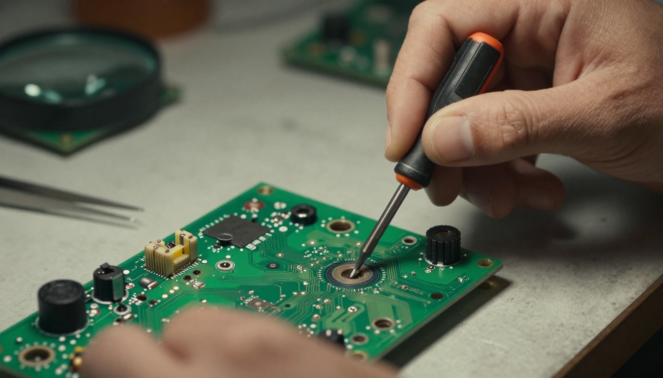 Technician holding a precision screwdriver over an open circuit board