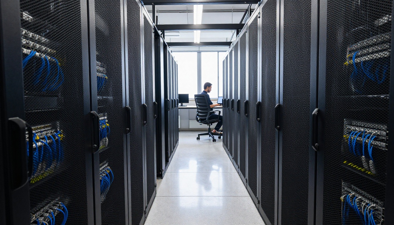 Low-angle aisle between server racks with neat cable bundles