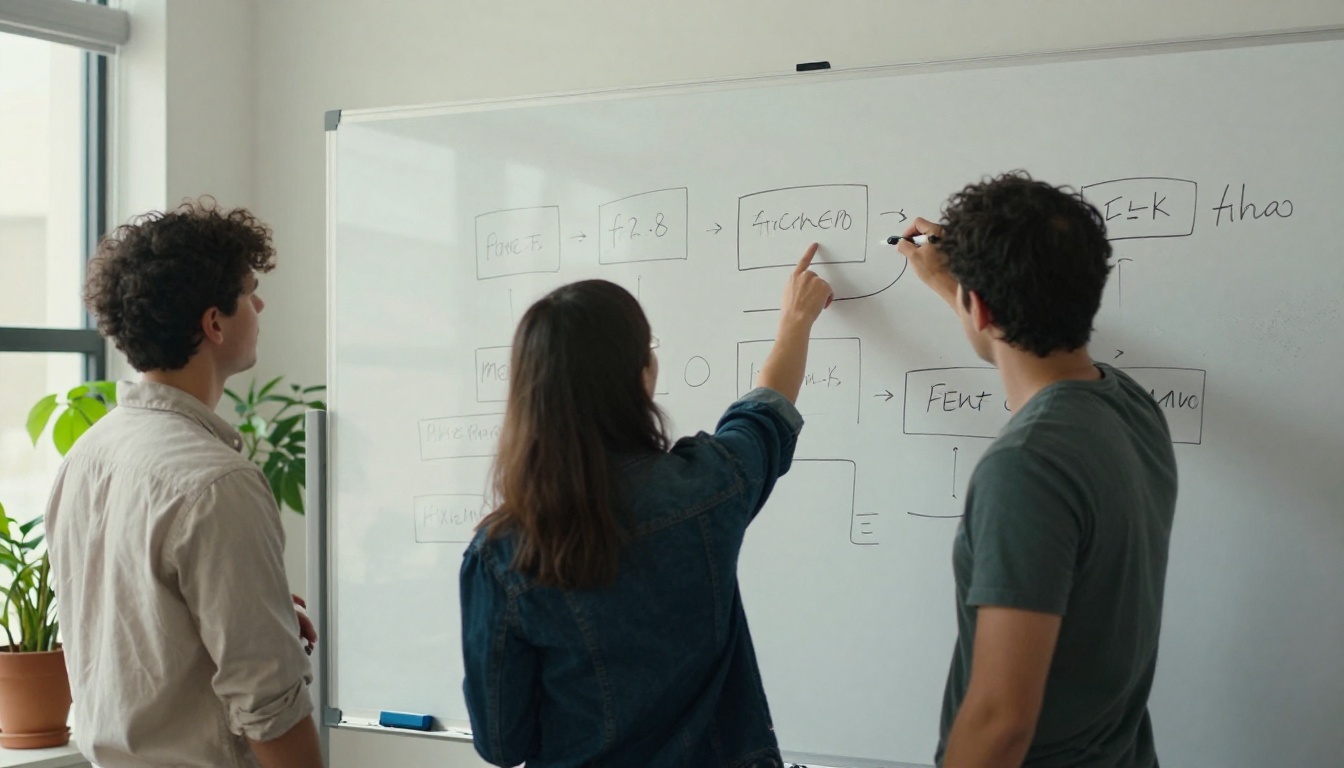 Three developers planning at a whiteboard of boxes and arrows