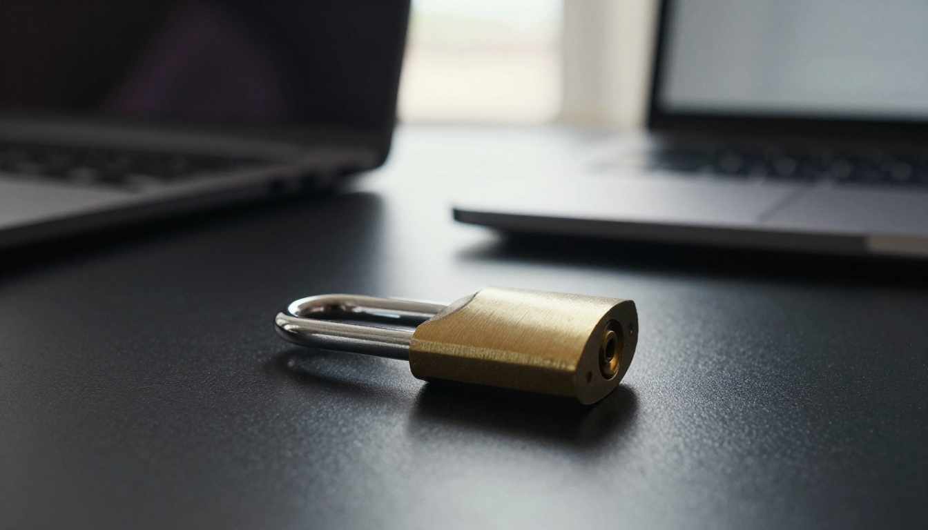 Metal security token beside a brass padlock on a black desk