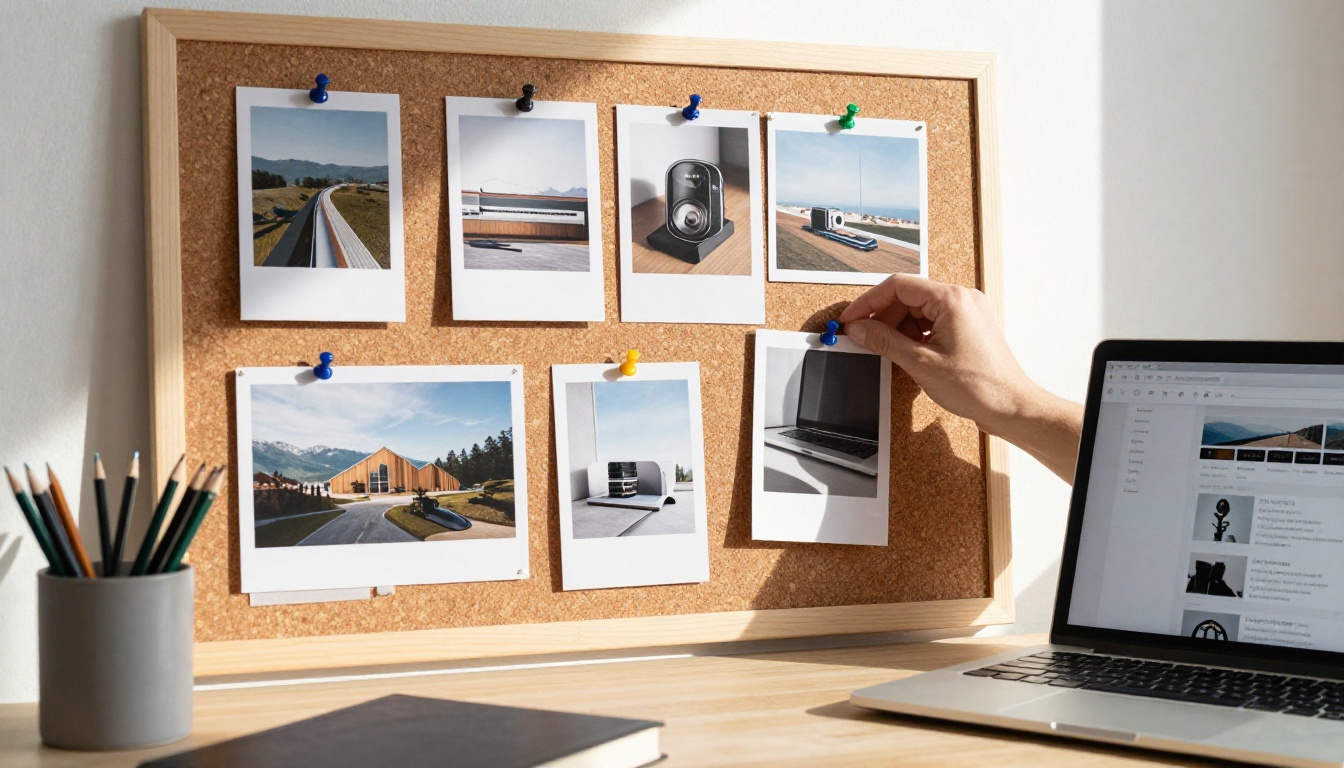 Cork board with pinned printed photographs above a laptop
