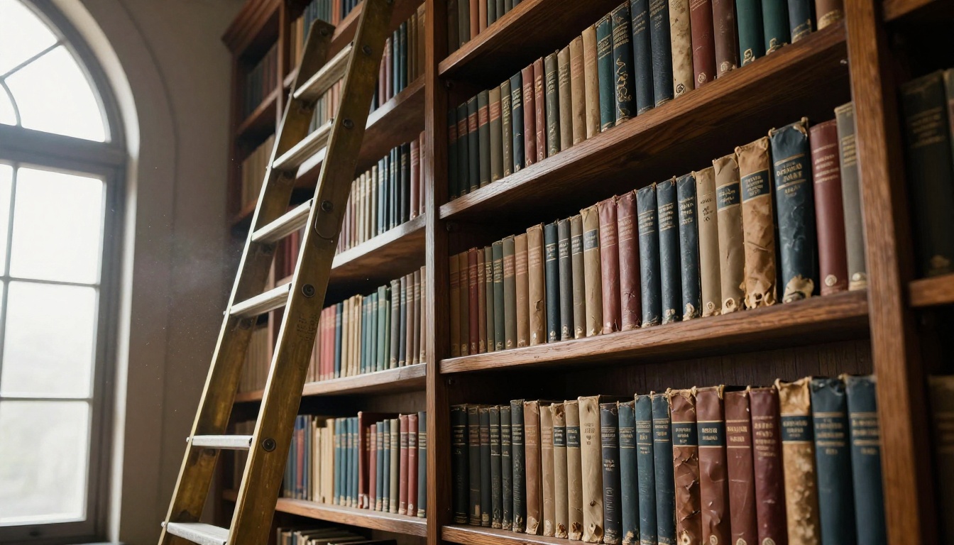 Tall library shelves filled with worn reference books, a metaphor for a documentation index