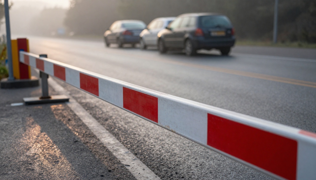 A striped boom barrier lowered across an empty road, standing in for a request quota that has run out