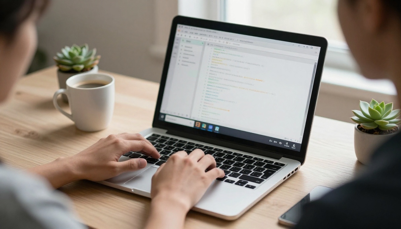 A developer's hands typing at a laptop on a pale wooden desk beside a coffee cup