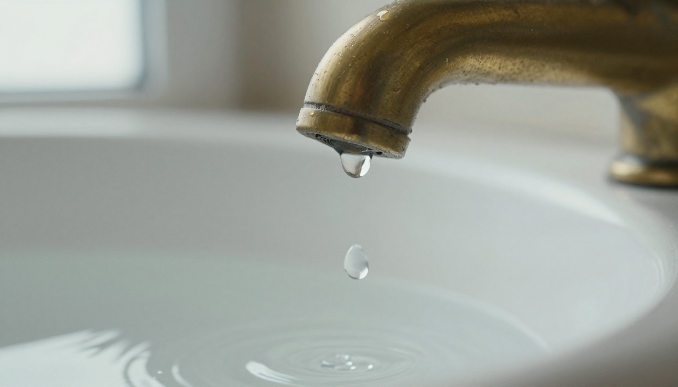 A single water droplet falling from a brass faucet, a picture of a quota draining one call at a time