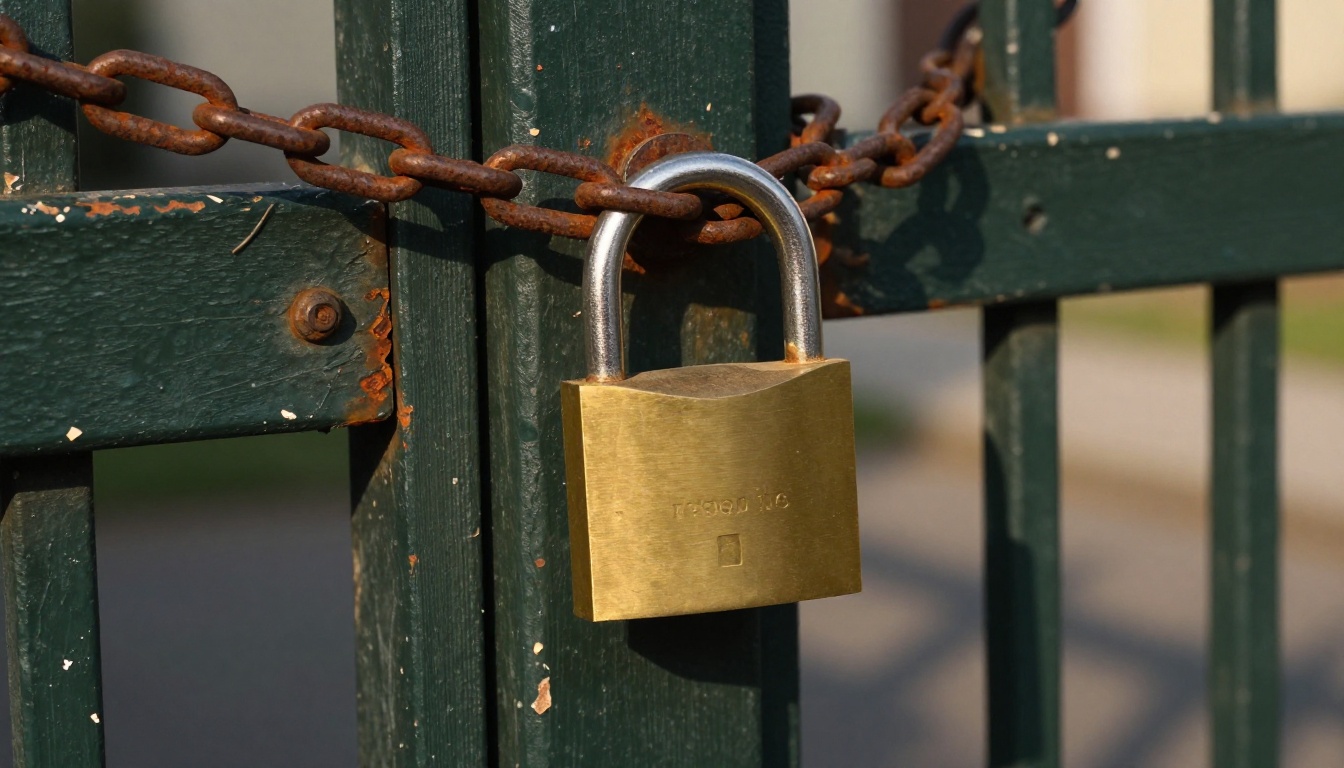 A heavy brass padlock on a weathered green gate