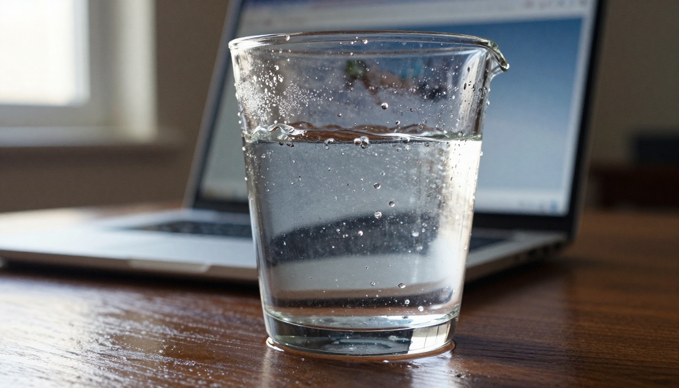 A clear glass pitcher overflowing with water onto a dark oak table beside a blurred laptop