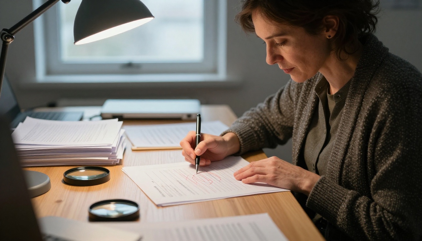 A security engineer circling lines on printed pages with a red pen