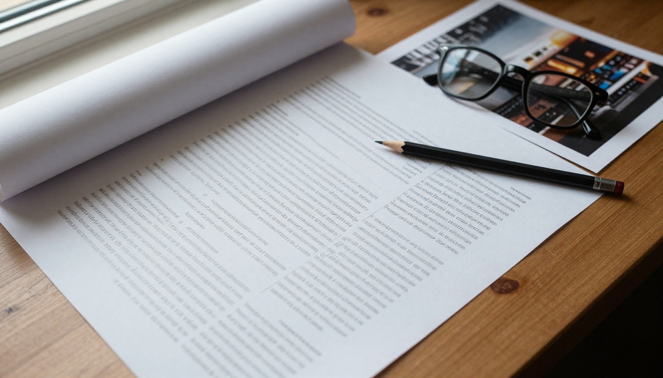 A top-down desk with a long printed text scroll beside a single glossy website photograph, glasses and a pencil on top
