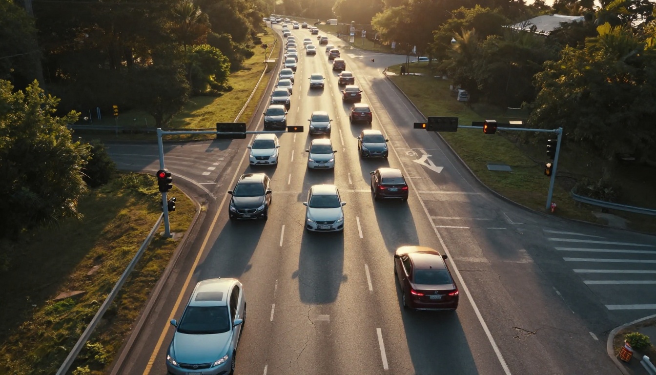 An aerial view of cars merging slowly through a metering signal on a highway on-ramp