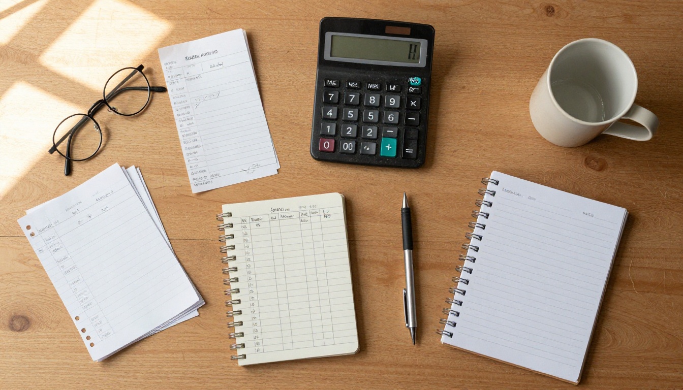A flat lay of a calculator, receipts and a notebook of figures on a wooden desk
