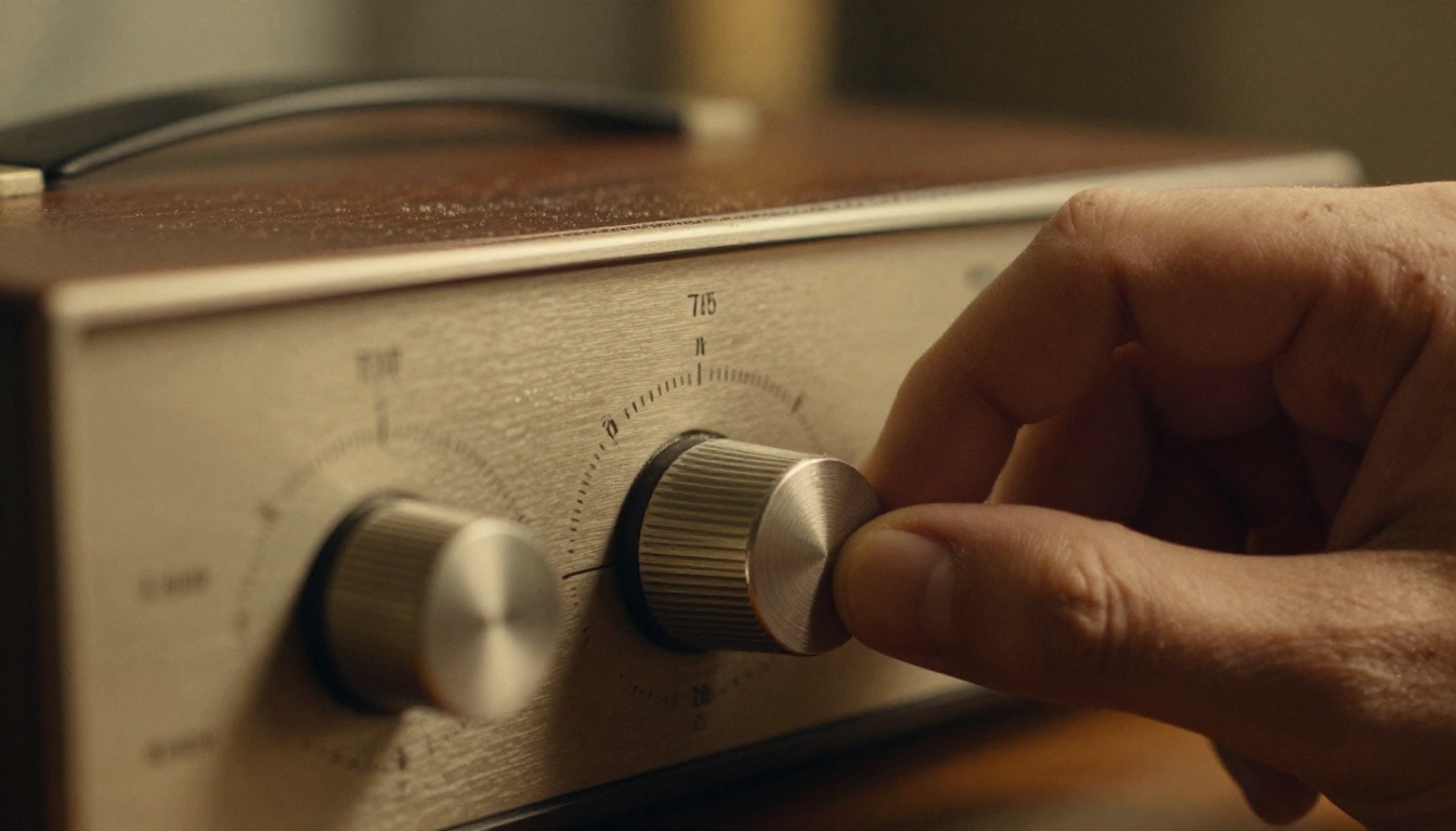 A hand turning a brushed steel rotary dial on a vintage amplifier down to a low setting