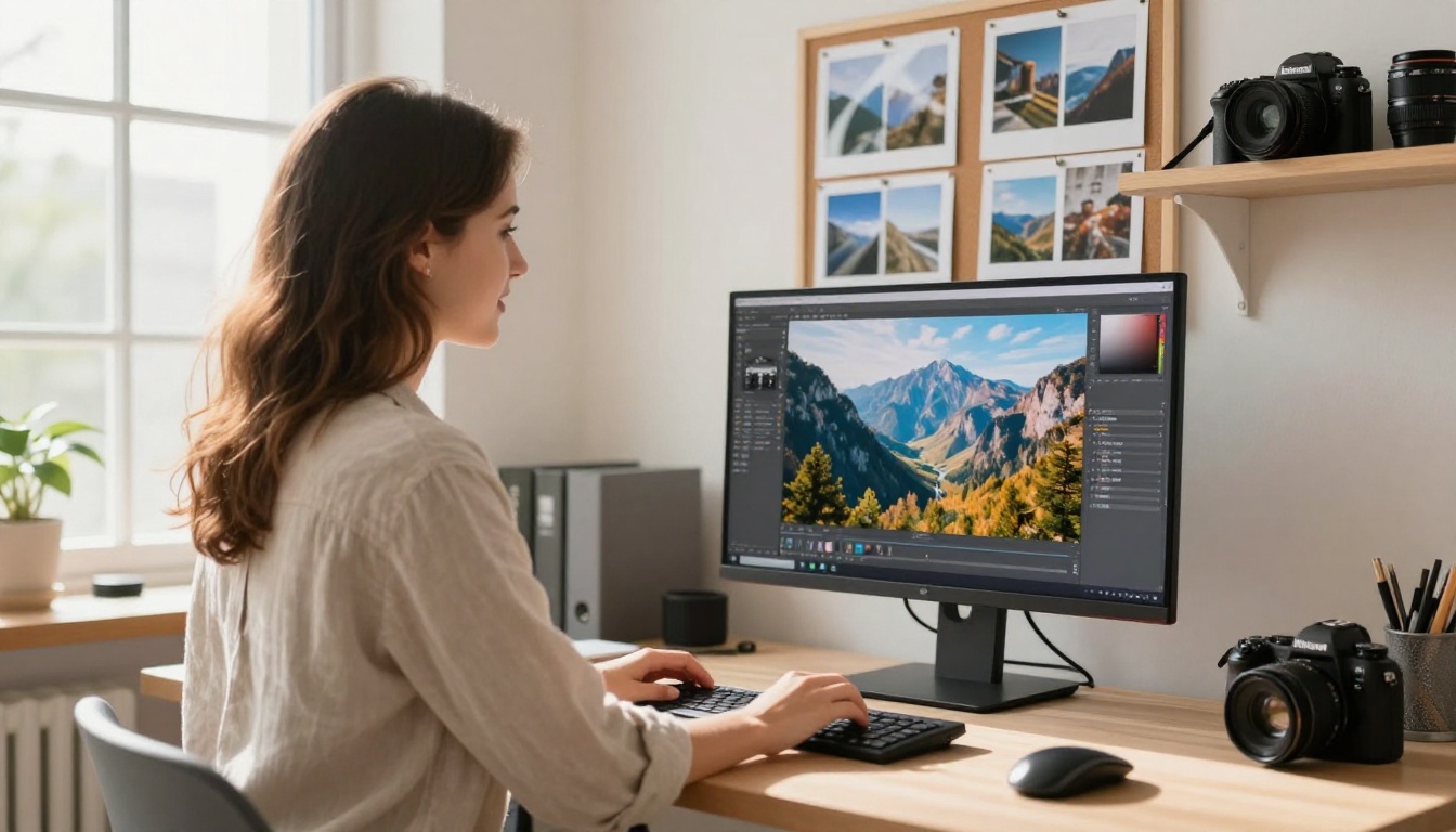 A designer at a standing desk reviewing a mountain landscape photograph on a large monitor