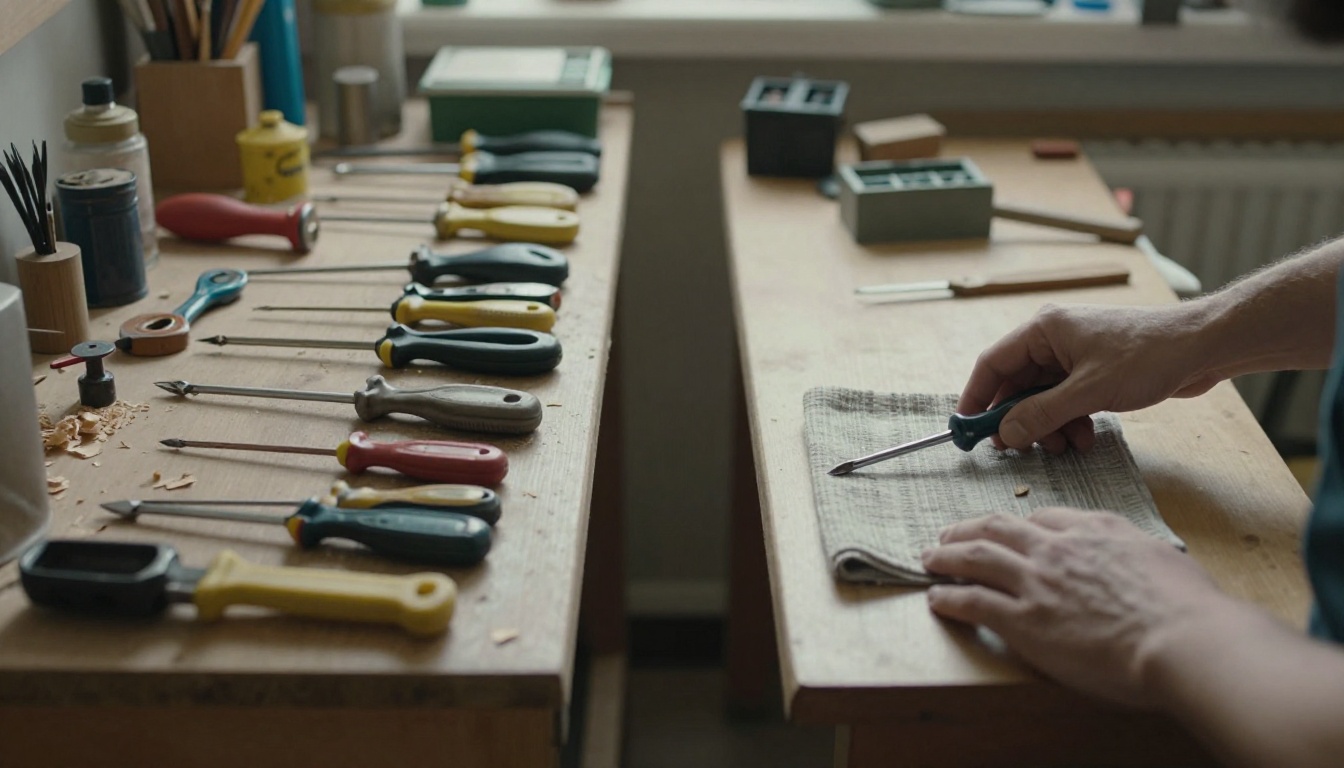 Two workbenches side by side in a sunlit workshop, one cluttered with tools and one holding a single screwdriver