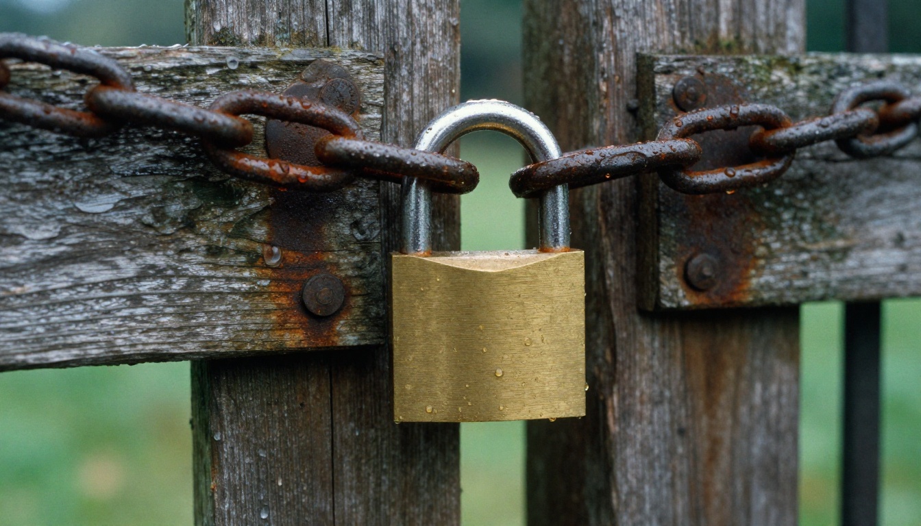 A heavy brass padlock locked through a chain on a weathered wooden gate with rain beads on the metal
