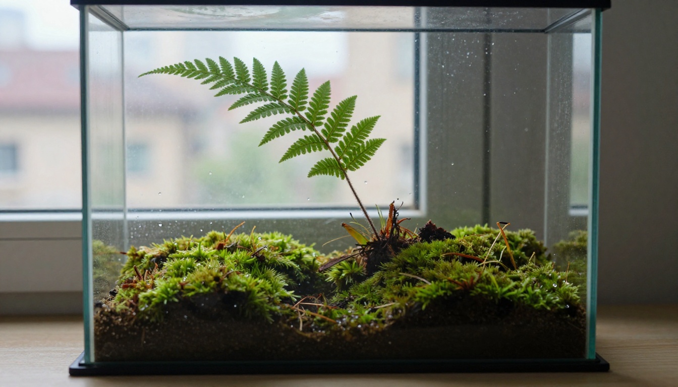 A sealed glass terrarium on a windowsill holding a small living moss garden with droplets on the inner glass