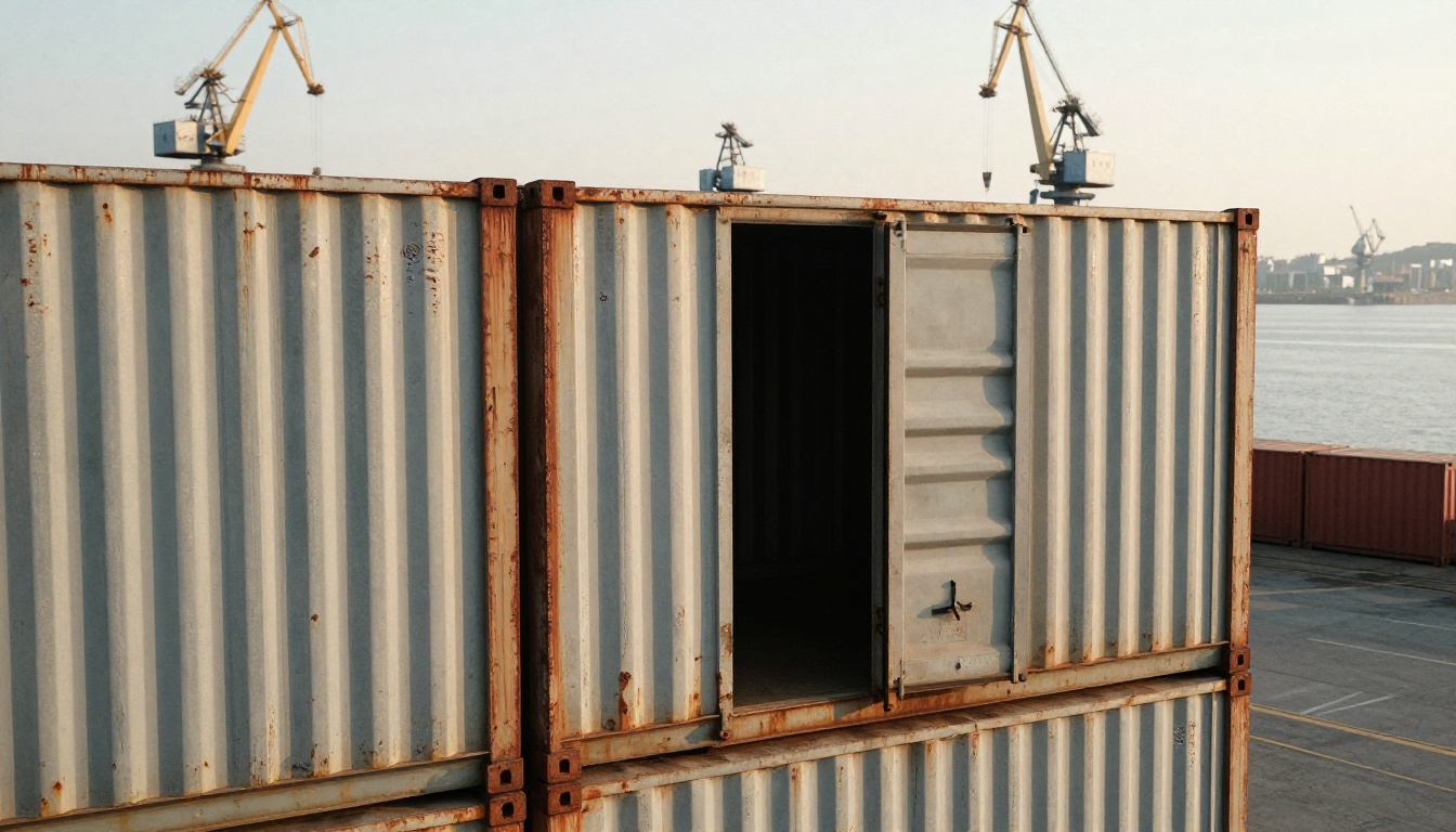 A stack of weathered steel shipping containers at a harbor at golden hour with one door slightly ajar