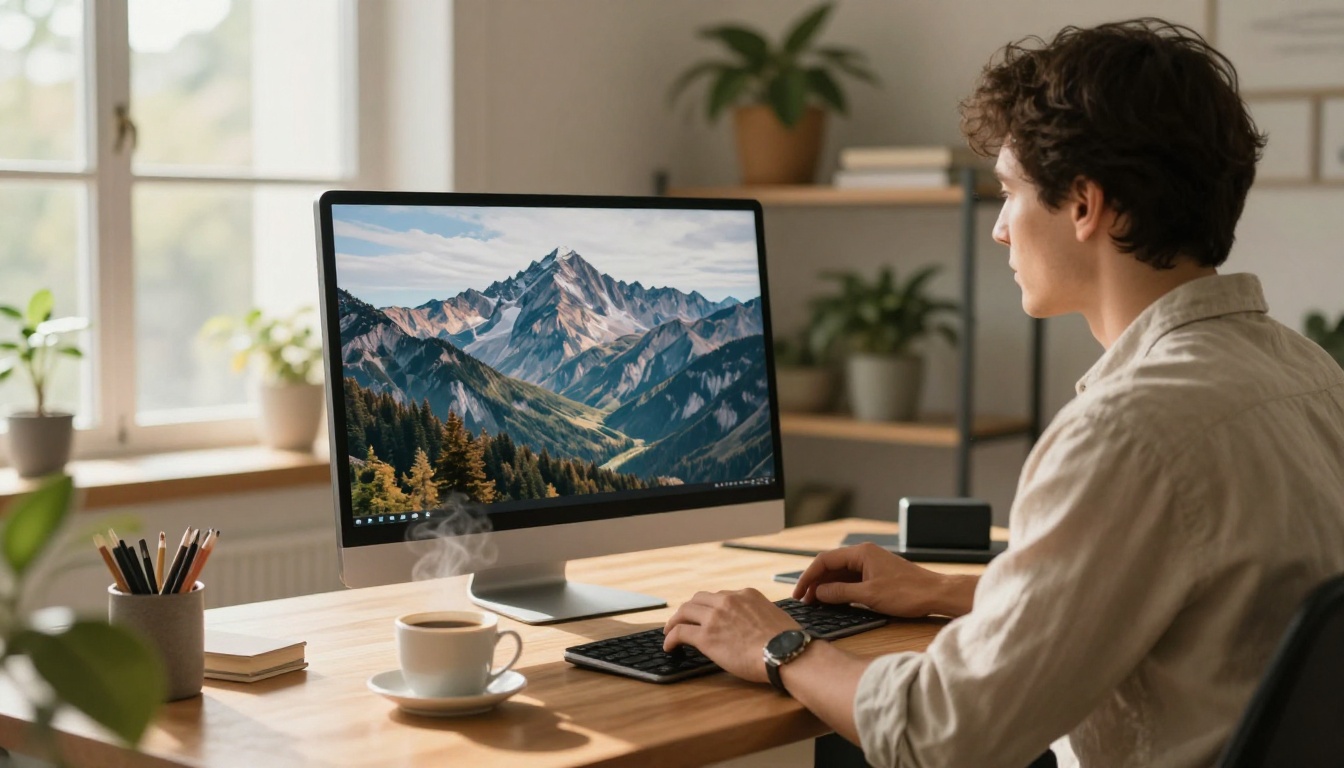A designer at a standing desk reviewing a large print of a mountain landscape beside a tablet in warm afternoon light