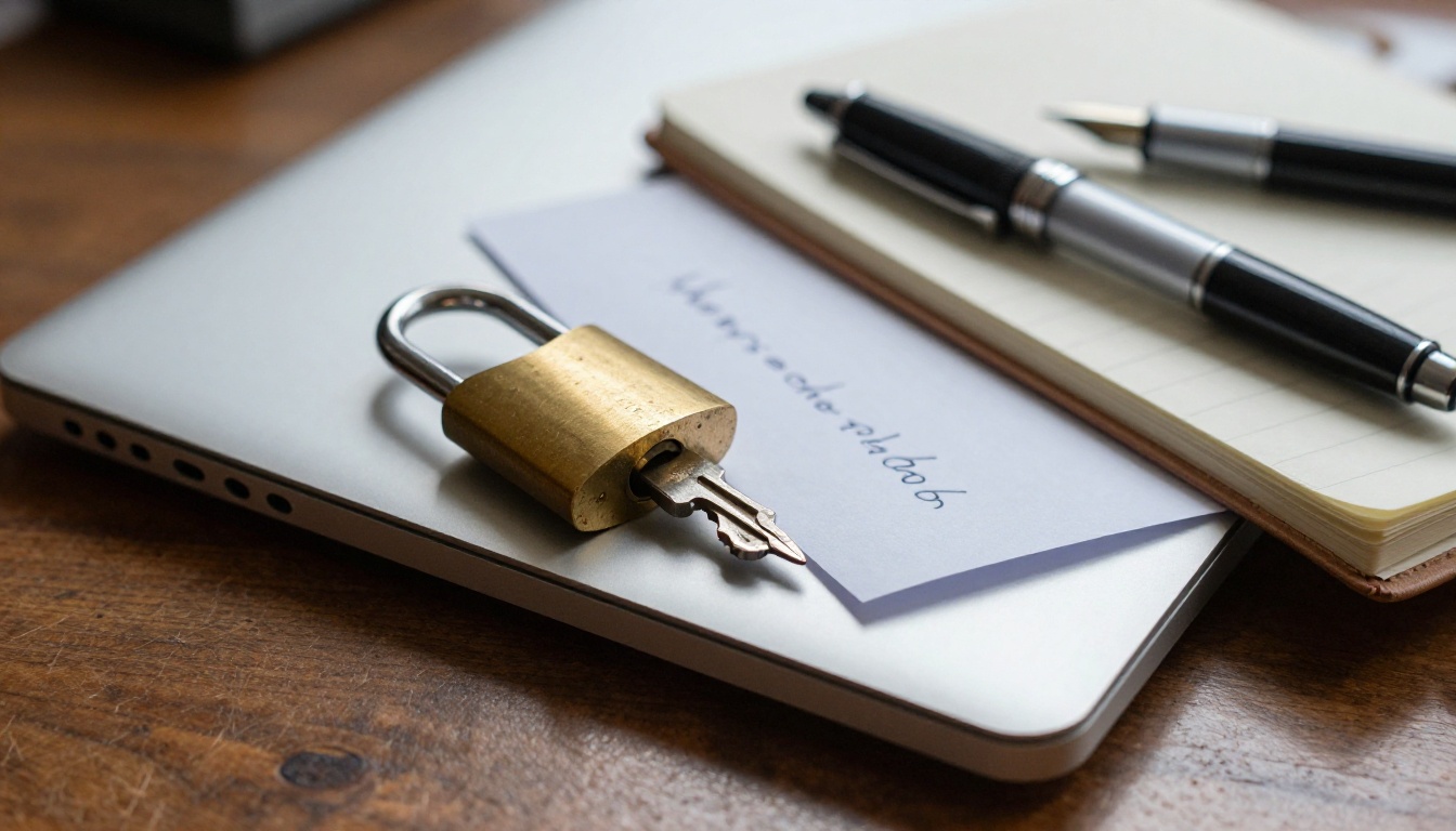 Brass padlock resting on a closed laptop beside a notebook and fountain pen