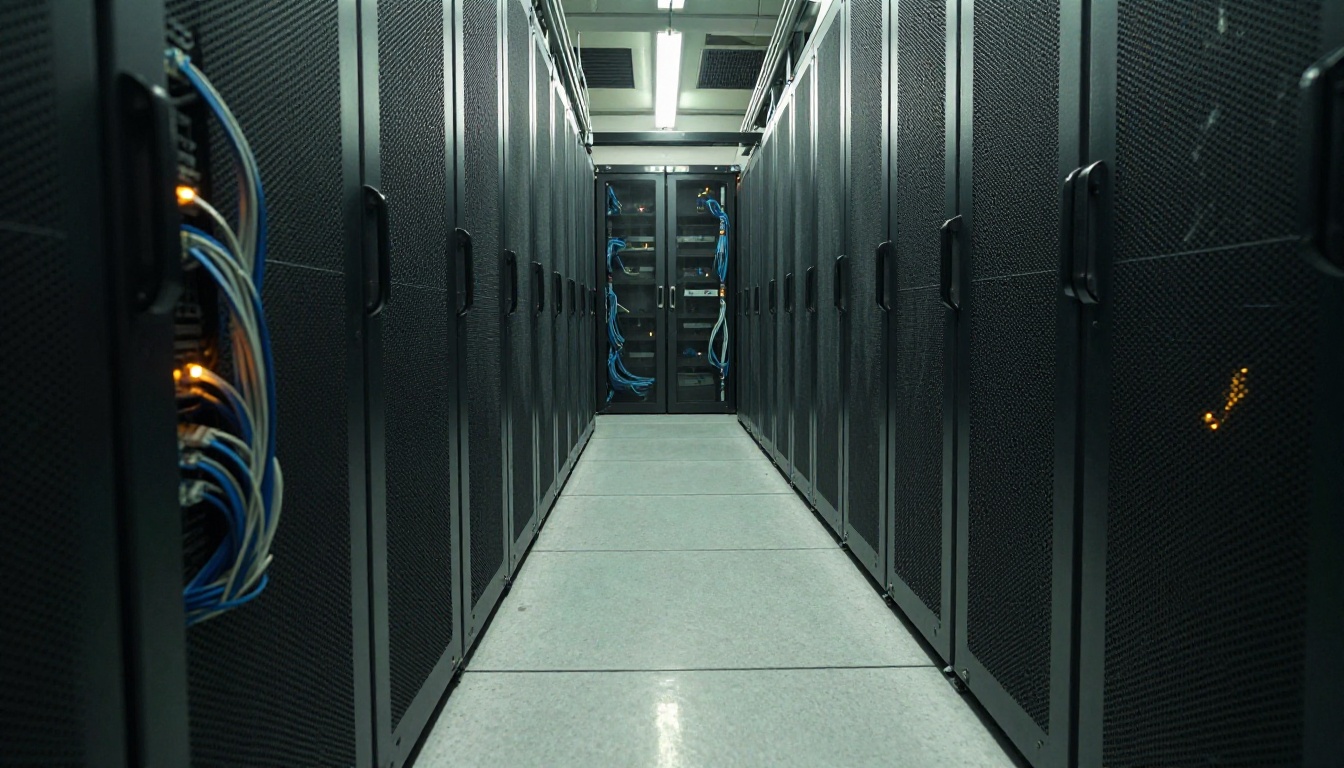 Narrow server room aisle between black racks with tidy network cables