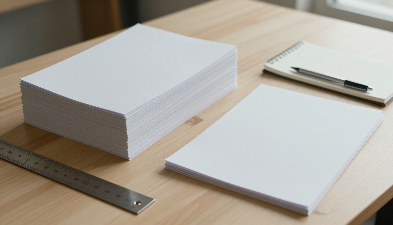 Two stacks of printed pages, one tall and one thin, beside a steel ruler