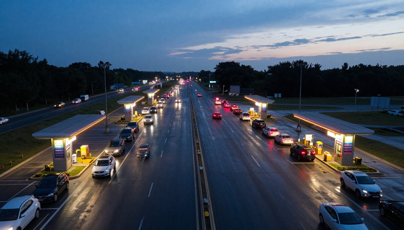 Aerial view of a highway toll plaza with cars queuing at the booths