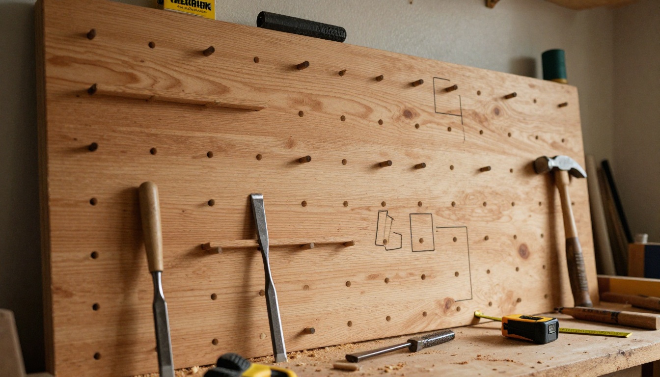 Woodworker's pegboard wall with a few chosen tools laid out on the bench