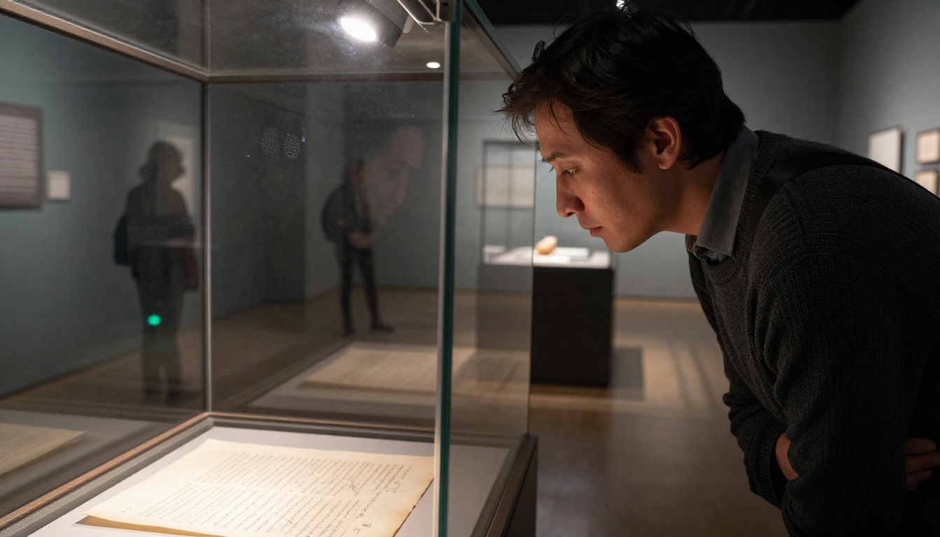 Museum visitor reading an old document through a glass display case
