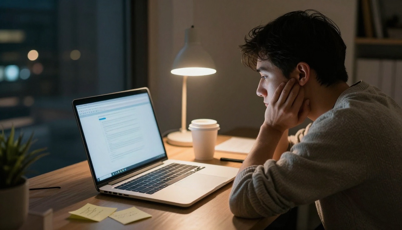 Tired developer at a laptop late at night under a single desk lamp