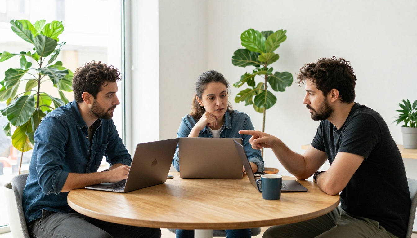 Three developers reviewing a laptop screen together around a wooden table