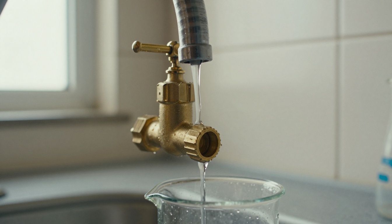 Brass faucet releasing a thin steady stream of water into a glass beaker, a picture of a throttled request flow