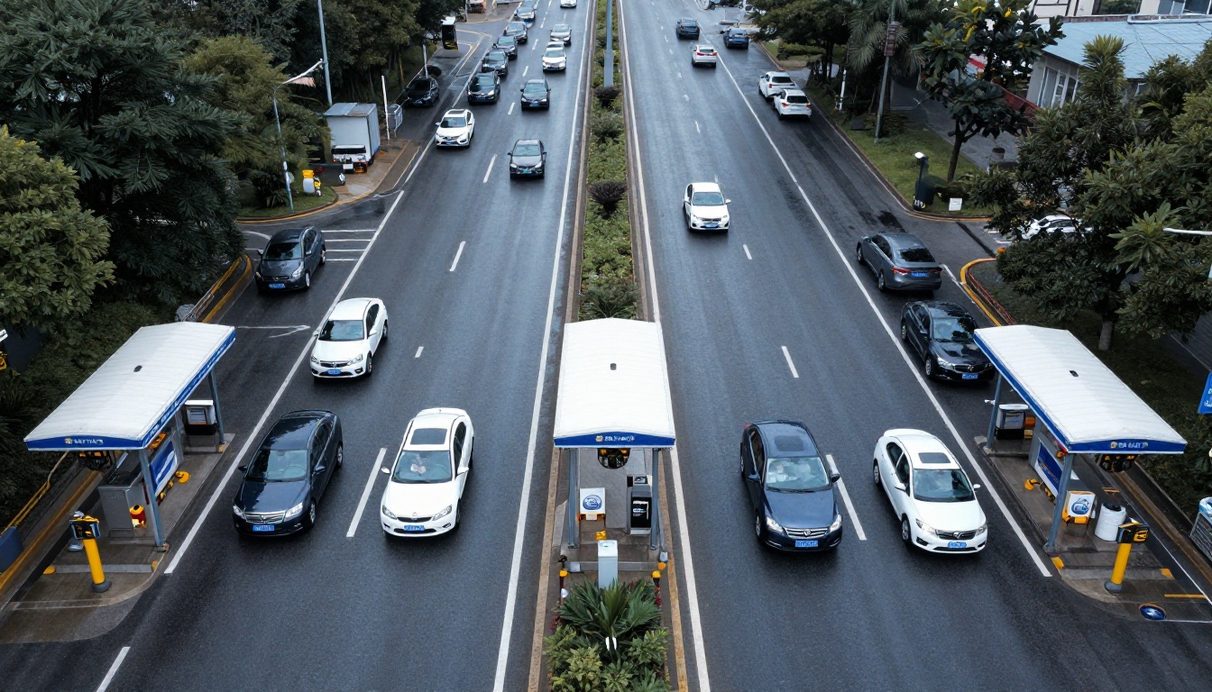 Aerial view of a toll plaza with cars queuing in orderly lanes, showing how requests pile up at a single gate