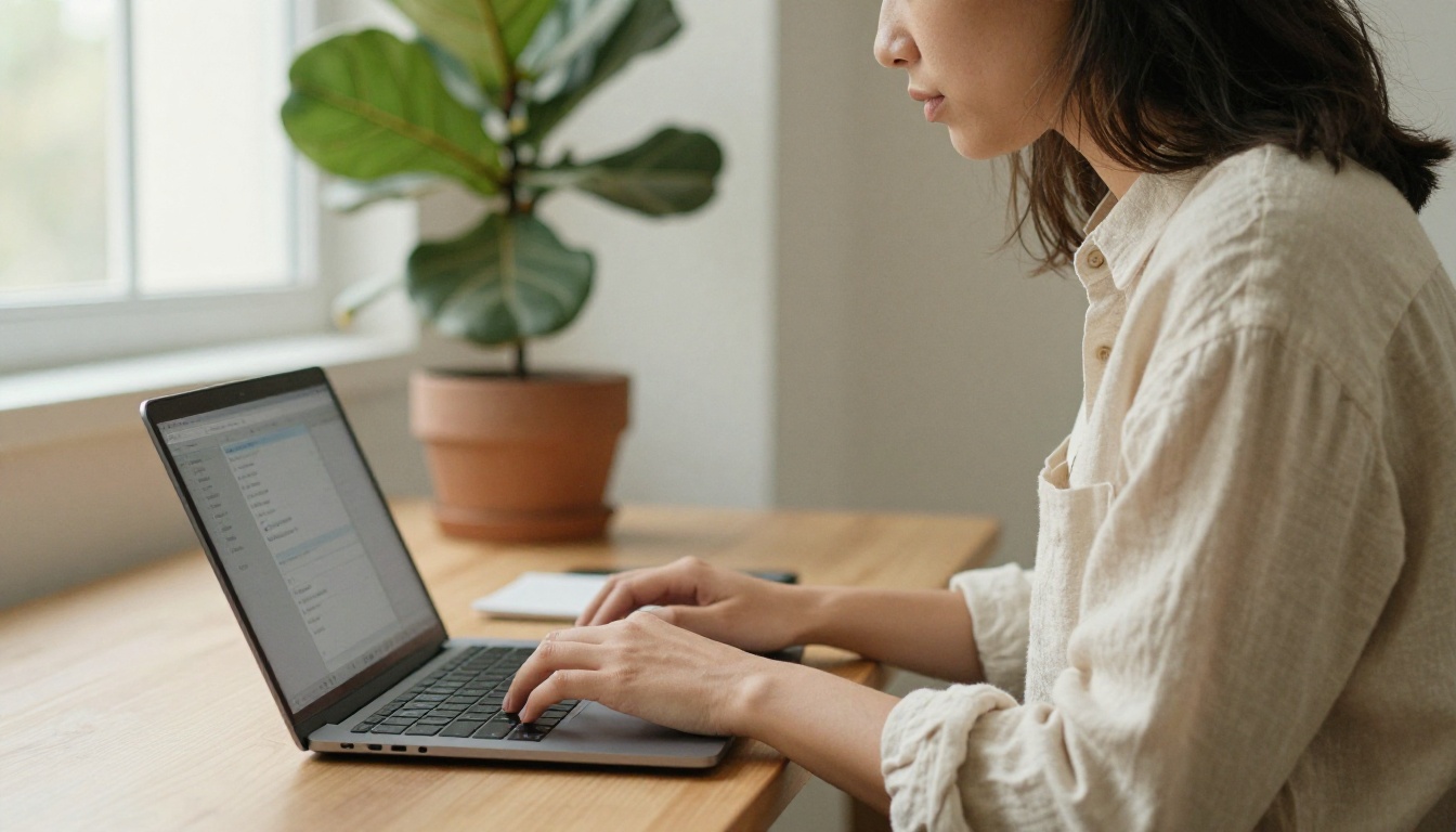 Over-the-shoulder view of a woman at a laptop in a bright shared office, adjusting connector settings