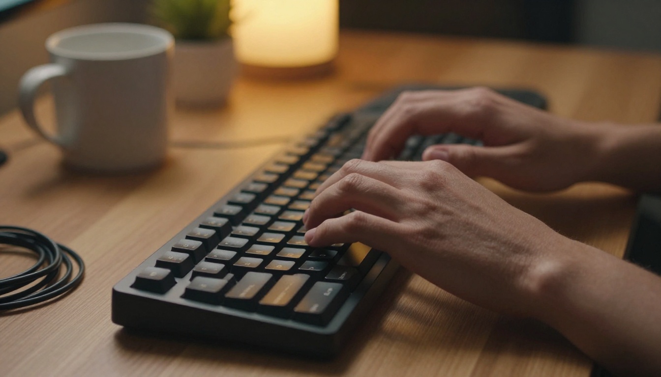 Low-angle view of a developer's hands typing in a dim evening room