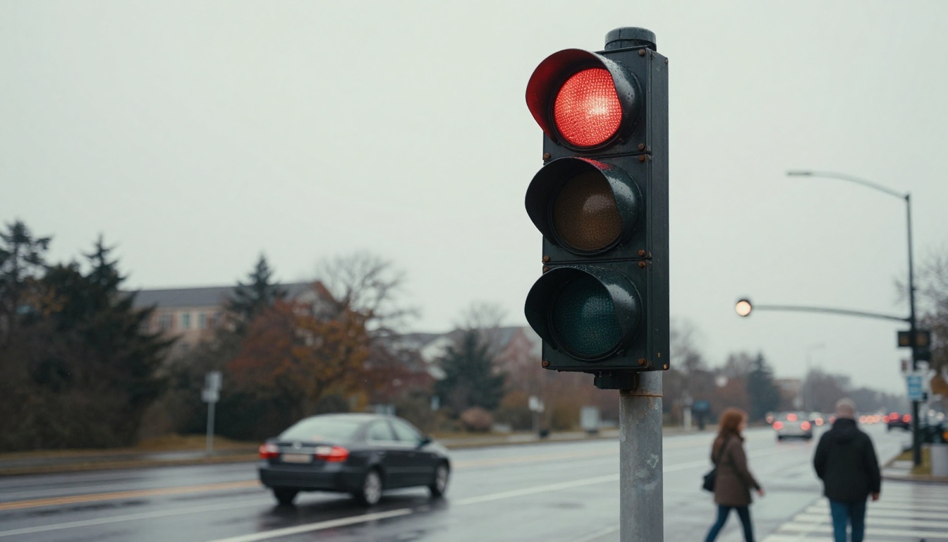 Low-angle view of a traffic light showing steady red above a wet street