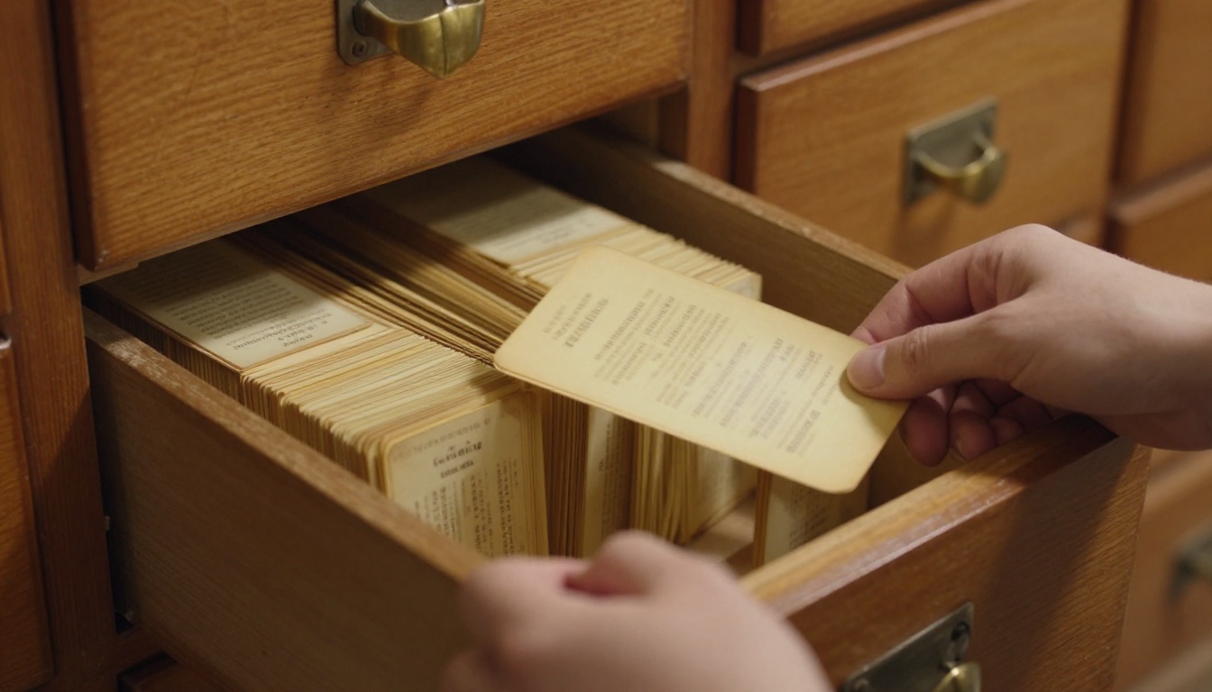 Hands flipping through index cards in an open library card catalog drawer