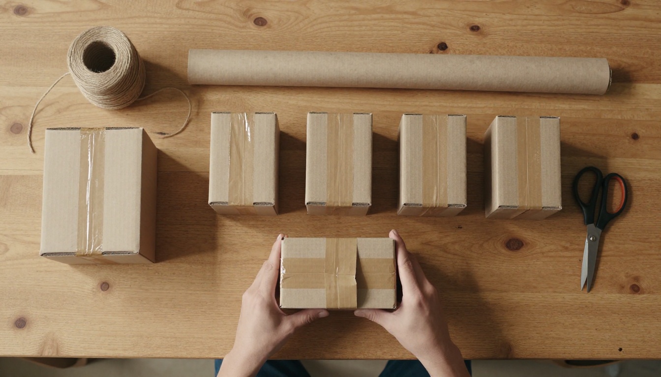 Top-down view of hands sealing a shipping box beside four packed boxes in a row