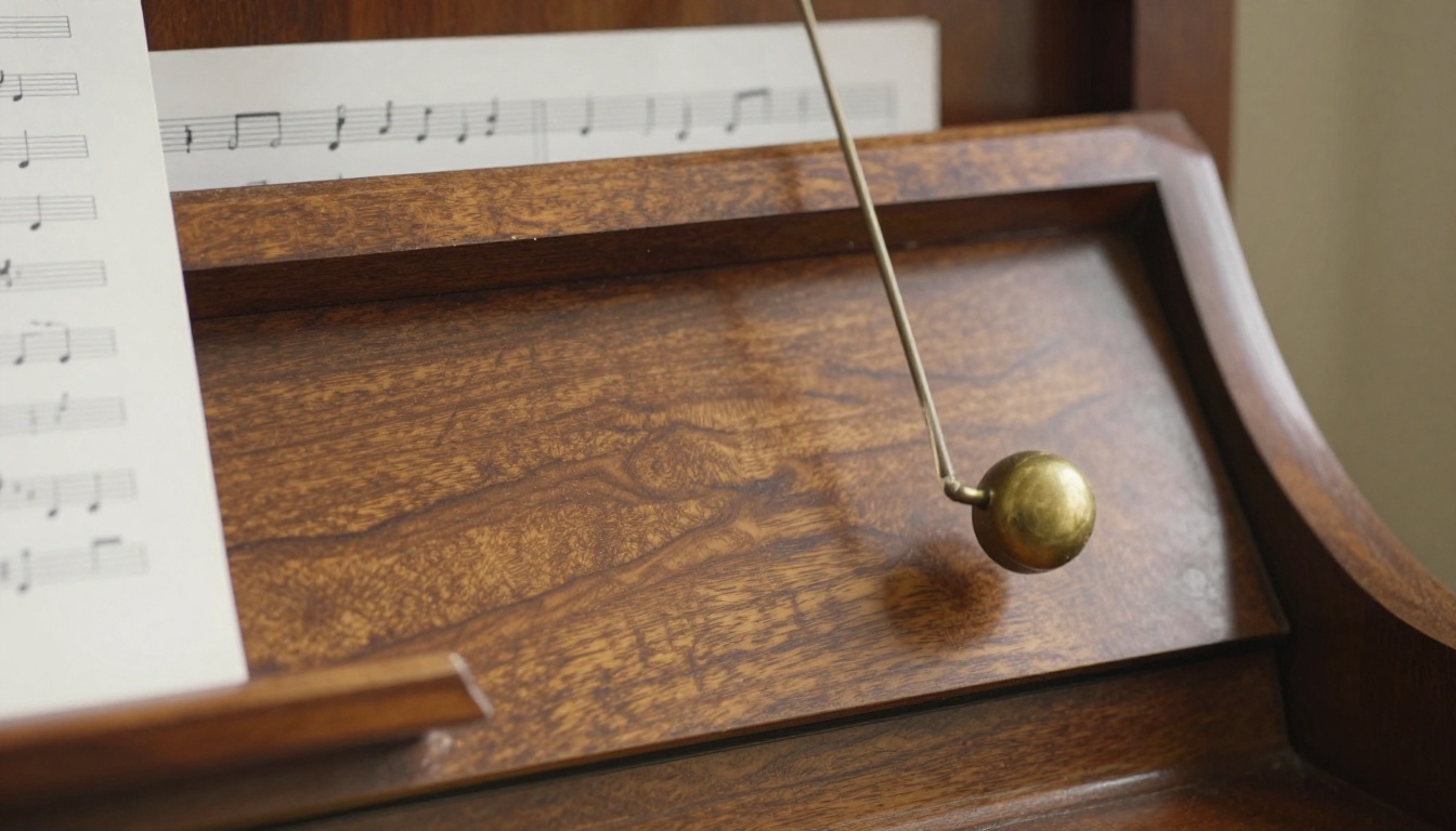 Close-up of a wooden metronome mid-swing on a piano, a picture of steady rhythm