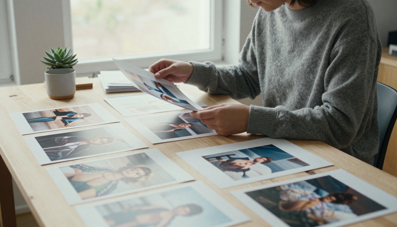 Wide view of a designer holding a printed photograph up to a tall window in a bright studio