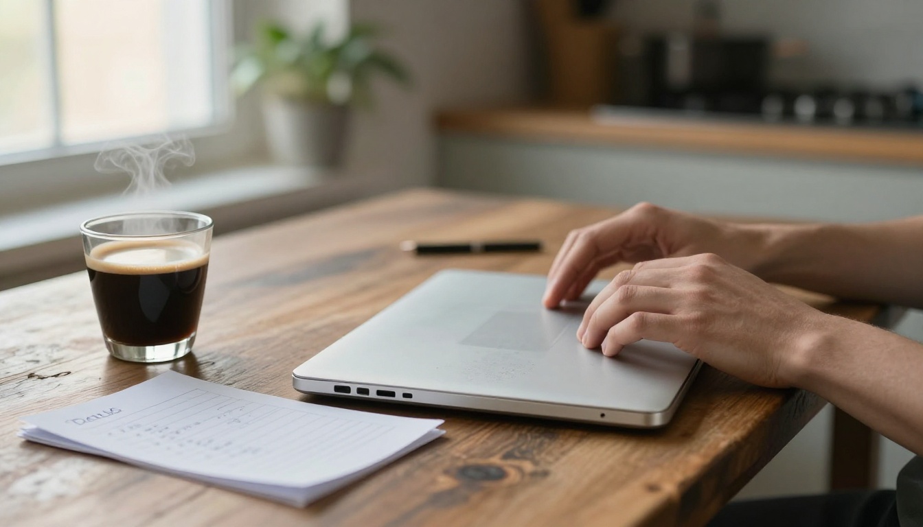 Developer's hands opening a silver laptop on a kitchen table beside an espresso and a handwritten checklist