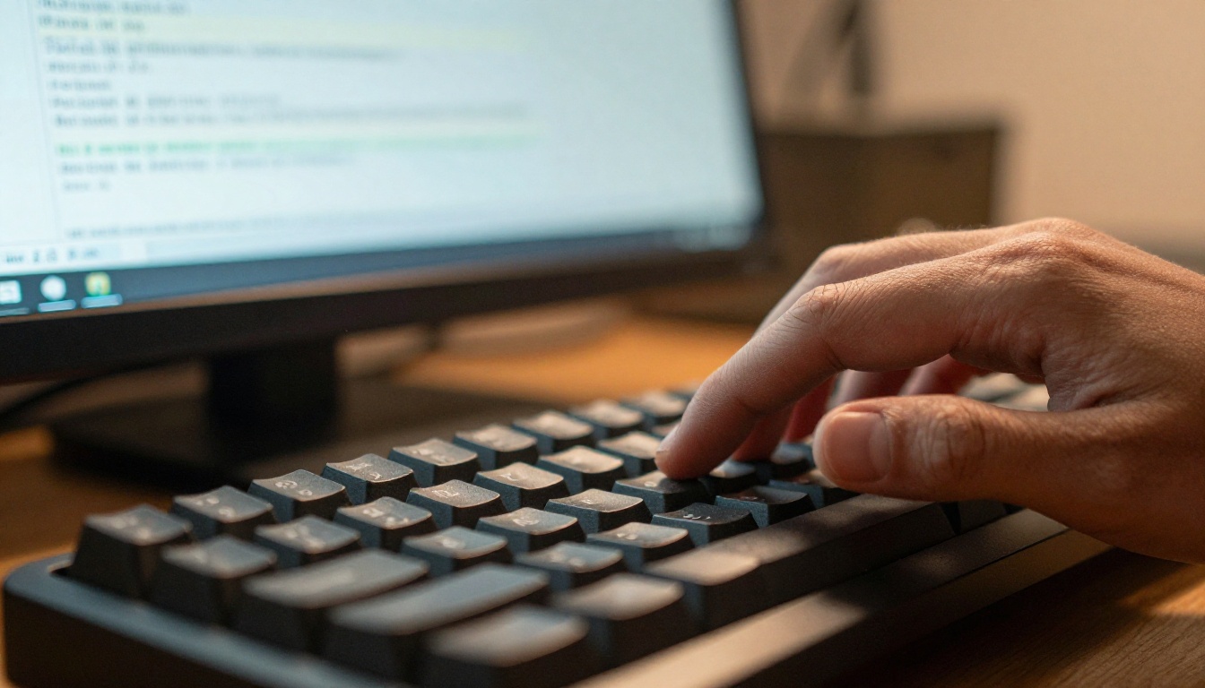 Close-up of fingers typing in front of a blurred terminal window