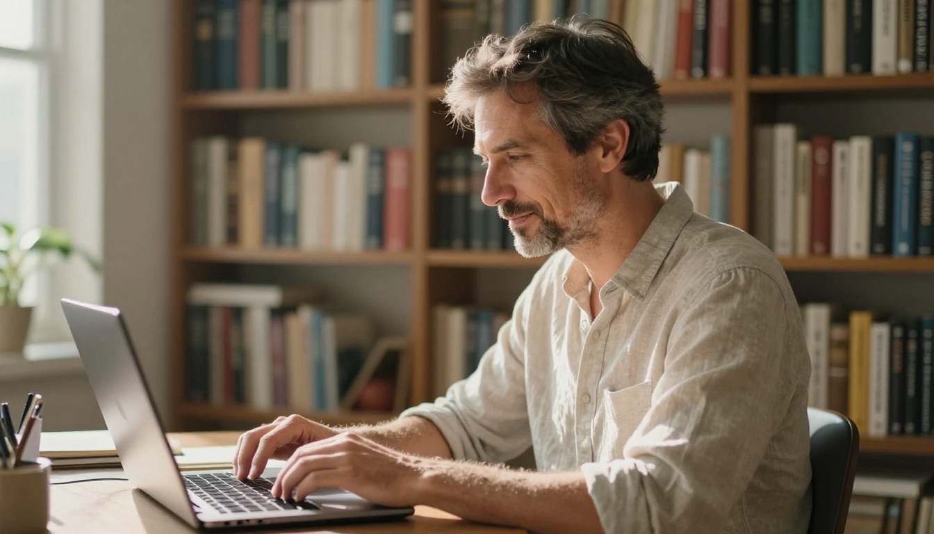 Man in a sunlit home office reading a laptop screen with a calm expression