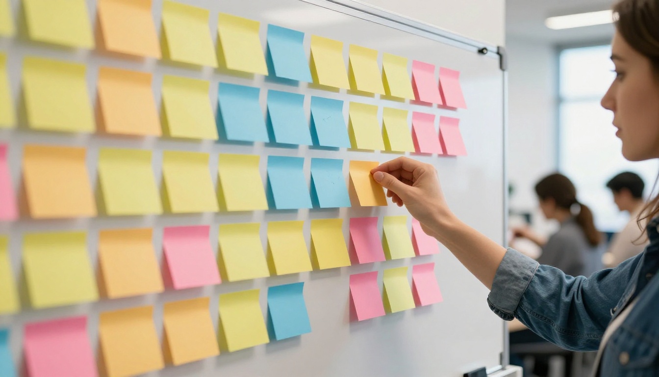 Woman placing a sticky note on a whiteboard divided into columns of yellow, blue and pink notes