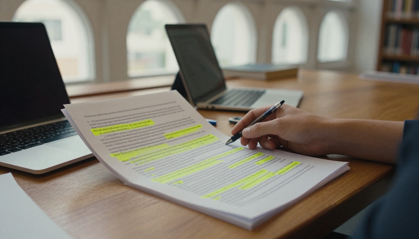 Technical writer reading a highlighted printed document at a wooden table with a laptop beside it