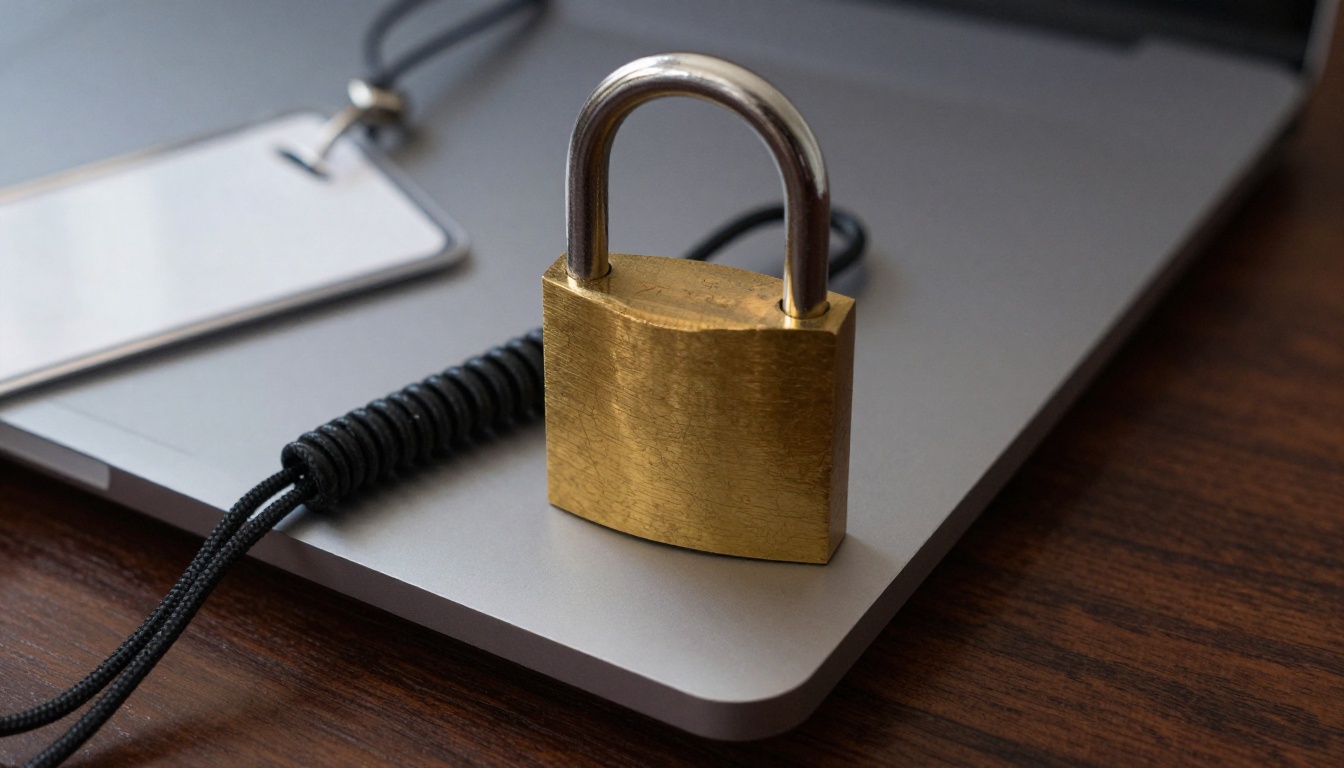 Brass padlock on a closed laptop beside a lanyard and a face-down badge on a walnut desk
