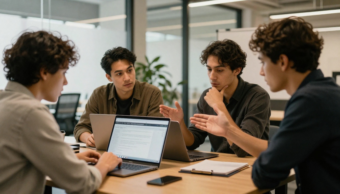 Four colleagues around a standing desk reviewing a laptop screen together